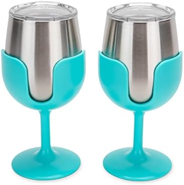 Чаши за вино Camco Life is Better at The Къмпинг, Сини | Оборудване (2) 8 унция. Чашите от неръждаема стомана с подвижни крака | Са идеални за къмпинг, Тайлгейтинга и партита (53484)