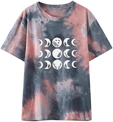 Дамски Блузи с Изображение на Слънцето И Луната, Реколта Блуза Свободно Намаляване С Къс Ръкав, Риза с Вратовръзка-Боя, Ежедневни Тениски За Момичета