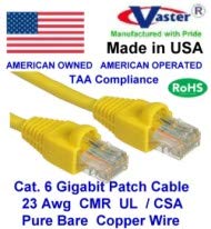 Произведено в САЩ, Vaster инв -81979-4 Фута Cat6 кабел жълт цвят (Не тел CCA, Мед (UL, CSA CMR ETL) 23Awg Плътен тел RJ45 без