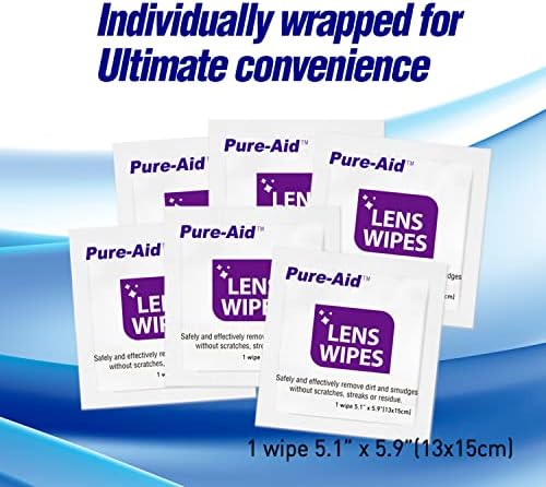 Кърпички за лещи Pure-Aid, използвано за почистване на очила, обективи на фотоапарати, смартфони и други - 100 карата (кърпички в индивидуални