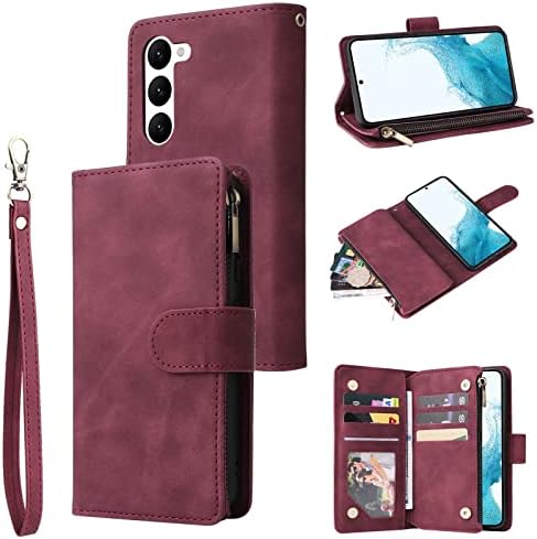 Чанта-портфейл за Samsung Galaxy S23/s23plus/s23ultra, Калъфи за телефони от изкуствена кожа с магнитно закопчаване-цип Държач за каишка за китката с магнитна закопчалка-фолио, Чер