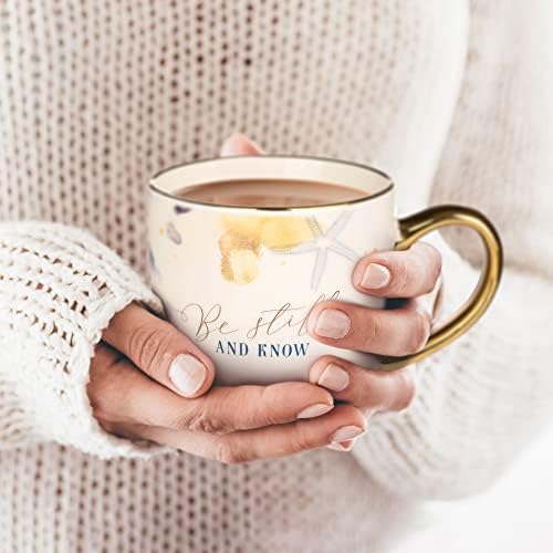 Християнски Художествени подаръци, Вдъхновяваща Керамична Чаша за кафе и чай със злато за жени: Бъдете спокойни и знайте - Стих от