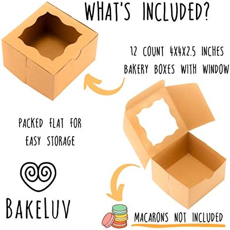 BAKELUV 4X4X2,5 Кафяви Мини-Кутии за торти с прозорец | 12 Опаковки | Малки Кутии за печене с прозорец, Малки Сладкарски Кутии,