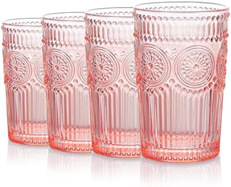 Joeyan Розови Стъклени Чаши за пиене, Романтична Чаши за вода с цветна релефна, Реколта Прибори за хайбола за сок, напитки,