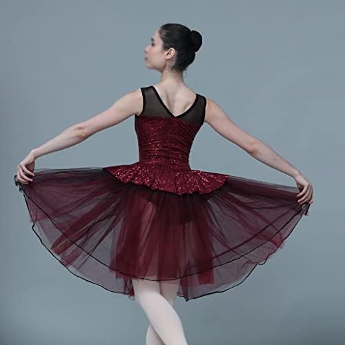 Завързана Елече от ликра с пайети, Романтична балетната поличка с лък, Женски Етап танцови костюми, Балетната поличка, Танцови (Цвят: