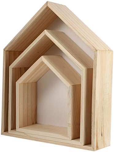 Wakauto 3 бр. Дървени Плаващ Полк във Формата На Къща с Дървена Shadow Витрина за Съхранение на Кутии за Хола Спални Домашен Бял