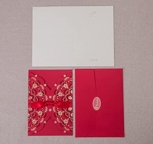 Hosmsua 50 бр. Индивидуални Червени Покани Картички за Сватба с Лазерни 5x7,4 Инча от Розова Фолио, Златни Джобни Покани с Цветен