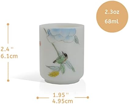 2,3 грама, комплект от 4 чаши за китайски чай, с различни изготвени от ръцете шарки на цветя и птици в традиционен китайски стил.