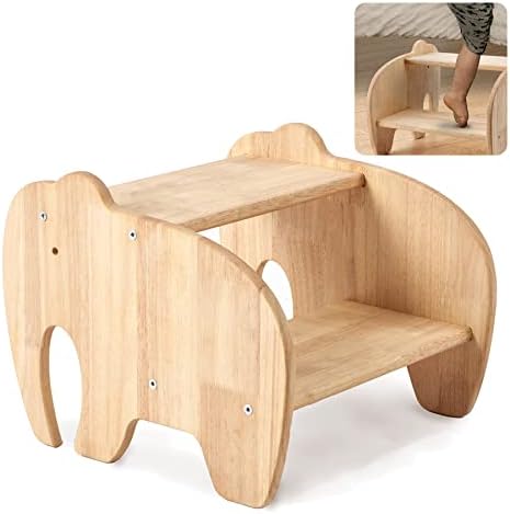 DyPinYise Дървена Табуретка-стремянка за деца, Табуретка-Стремянка за деца във формата на Слон, два етапа Детски стол за мивка в банята,