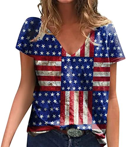 Модни Блузи за Жени с Къс Ръкав, Отгоре с V-образно Деколте и Принтом на Деня на Независимостта на САЩ, Свободна Основна Блуза, Риза,