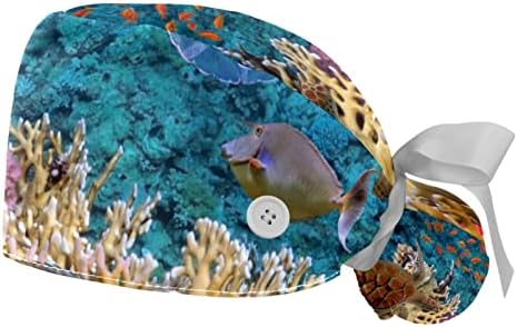 Регулируеми Работни Шапки, с Бутоните за Жени Океански Риби Морска Костенурка Подводни Хирургически Шапки, медицински Сестри 2 Опаковки