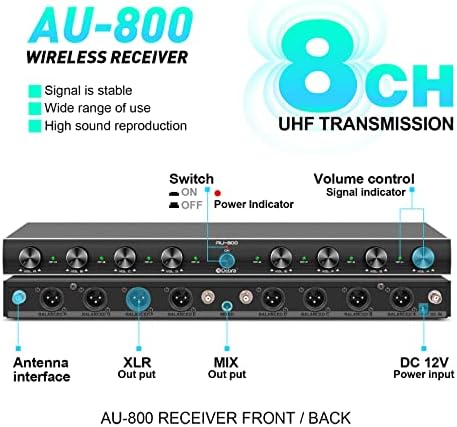 D Дебра Audio AU800 Pro UHF 8-канален Безжичен Микрофон система с Безжични Ръчни петличными слушалки, метален приемник, идеален за църковната