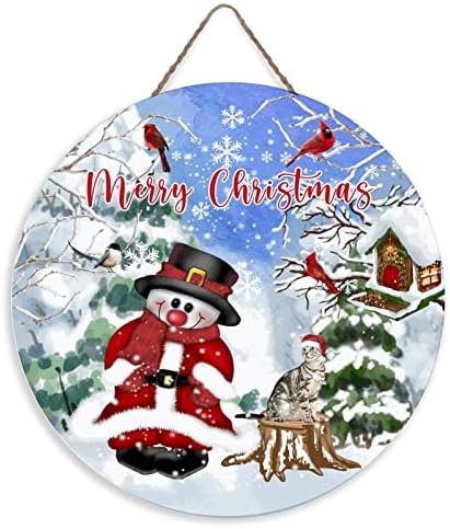 Коледна Табела На Входната Врата Весела Коледа, Зима, Сняг Червена Птица, Животно Котка Снежен Човек Стенен Декор Празнична Врата