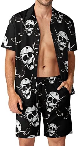 Мъжки Плажно Облекло с Пиратски Череп от 2 теми, Хавайска Риза с копчета с Къс ръкав и къси Панталони, Костюми