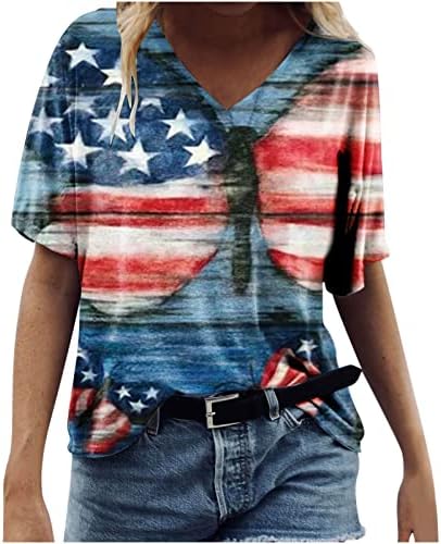 На 4 юли 2023, Женска Тениска с Принтом на Американското, Блуза с V-образно деколте и Къс ръкав, Тениски, Блузи, Ежедневни Ризи