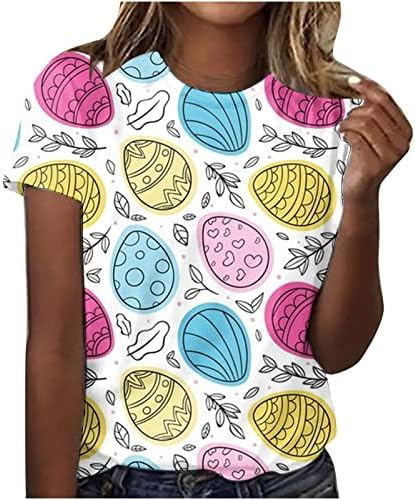 Женска тениска с къс ръкав и Великден принтом Великденски яйца, Удобни Ежедневни Блузи за Момичета, Летни Тениски с кръгло деколте