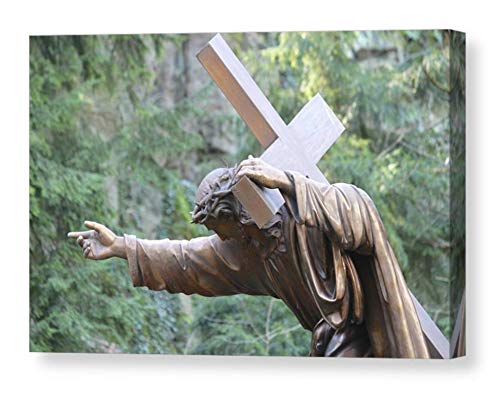 Християнско Стенно изкуство върху ПЛАТНО Картина на Исус, Носи Кръст Скулптура подарък за Великден Бронзово-Зелен Фотографски принт е Готов да бъде обесен