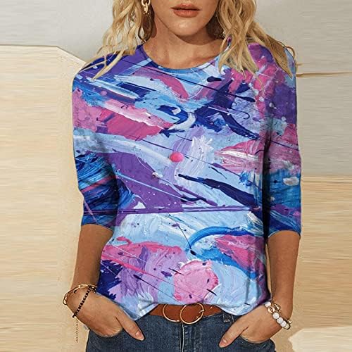 Блузи с ръкави 3/4 за жени, Дамски Летни Пуловери с Хубав Цветен Принтом, Тениски с кръгло деколте, Елегантен Ежедневни Риза Свободно