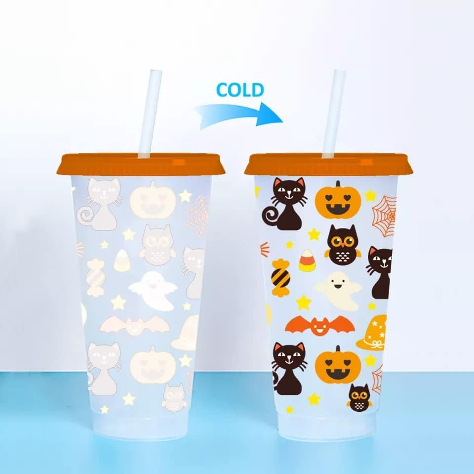 Чаша за Хелоуин с капак и Соломинкой - за многократна употреба Пластмасова чаша за студени напитки, което променя цвета