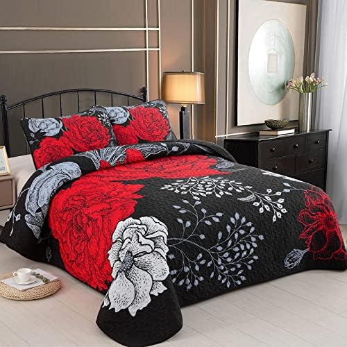 Комплект стеганого одеяла с цветен модел DJY, размер на Queen, Червени Цветни листа в стил Бохо, отпечатани на черно Покрывале, Комплект