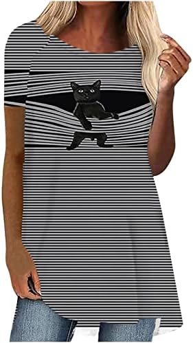Дамска Блуза Свободно Намаляване с Изображение на Котка, Блуза с кръгло Деколте, Ризи с Къс ръкав, Скъпа Шарени Есенно-Лятна Блуза UF
