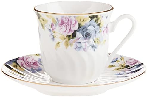 Порцеланова Чаена чаша и чинийка Lynns Millicent със златна тапицерия, Комплект от 6 теми; Ретро Цветя