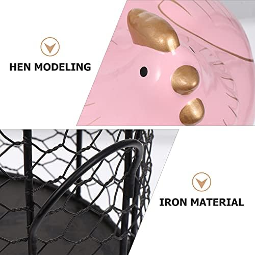 Toyvian Розова Метална Кошница За Съхранение на Яйца с Керамични Горния Капак във Формата на Пиле, Iron Художествен Тава За Яйца, Държач