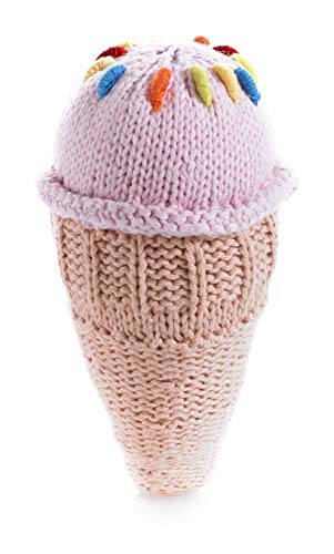 Камъче | Детска Дрънкалка във формата на рожка за сладолед за ръчна работа с топинг — Розово / Ягода | Вязаная Детска играчка | Честна търговия | Игралното хранене | М?