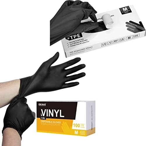 Черни Ръкавици за Еднократна употреба OKIAAS, Винилови Ръкавици за Еднократна употреба 100 бр, 5 mils и Черни Пластмасови Ръкавици