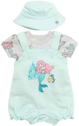 Disney Minnie Mouse Ariel/ Френски Упорит Къс Гащеризон за малки момичета, Тениска и Шапка, Комплект дрехи от 3 теми за
