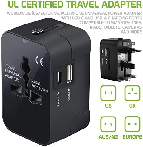 Международен захранващ адаптер USB Travel Plus, който е съвместим с Alcatel 5017E за захранване на 3 устройства по целия свят USB TypeC,