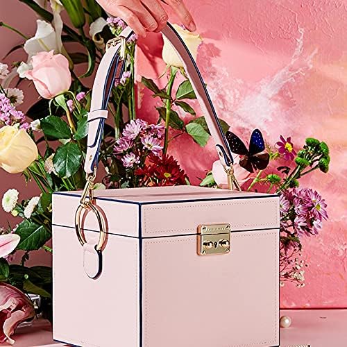 Кутия за съхранение на бижута Розови Пътни Кутии за бижута с Ключ и Огледало от Изкуствена Кожа, Чанта за Съхранение на бижута за Пръстени,