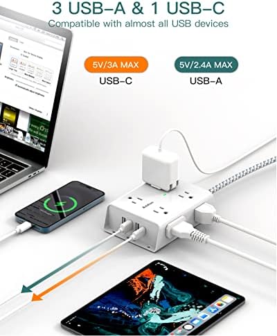 Мрежов филтър Power Strip - 8 Широкоформатни контакти с 4 USB порта (1 изход USB C), удължител Addtam с 3 странични розетки и 5-футовым удлинителем,