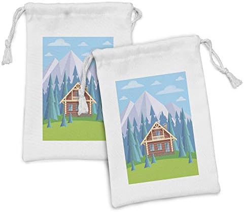 Текстилен Калъф Ambesonne Log Cabin, Комплект от 2 теми, Изображение на Дървени къщи, заобиколени от борове и планини, една Малка