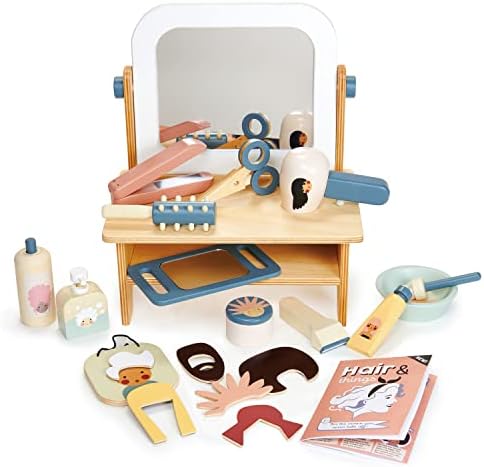 Играчки от нежни листа - Фризьорски салон - Дървен комплект за подстригване от 21 обекта, комплект за фризьорски салон, Комплект за оформяне