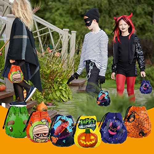 60 Опаковки, торби за предложения за Хелоуин с завязками за деца, 7x7,8 инча, 6 Стилове, Пластмасови чанти за бонбони Трик или лечение,
