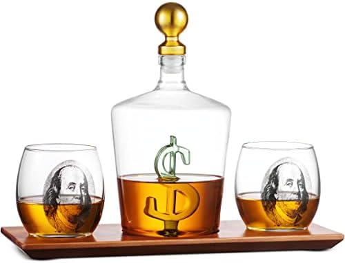 Набор от Графинов за уиски Godinger и Чаши за уиски Декантер Bling Dollar и Чаши за уиски Benjamins за алкохол Scotch Bourbon, Подаръчен