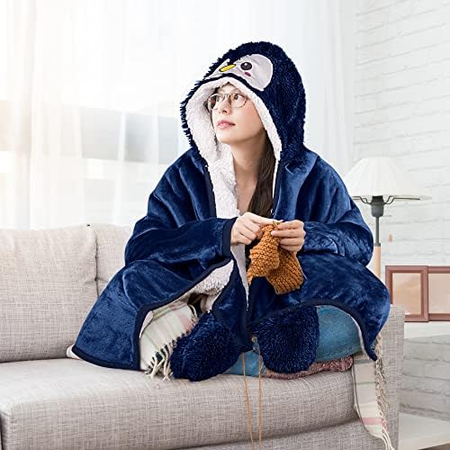 Носимое Одеало с качулка във формата на Пингвин за възрастни – Супер Мека Топла Уютна Плюшен Фланелевая Наметало с качулка