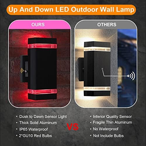 iYogaled Лампа за външно осветление от здрач до зори, Външно осветление нагоре и надолу, монтиране на стена – Червени крушки в комплект,