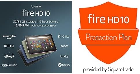 Таблет Fire HD 10 (64 GB, деним, се поддържа от реклама на екрана за заключване) + 2-годишен план за защита на