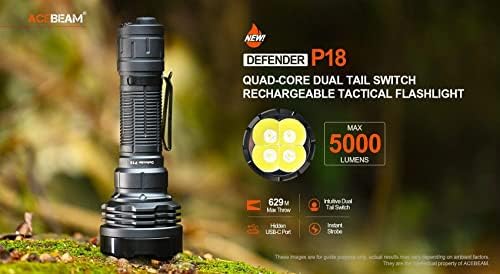 Акумулаторна фенерче Acebeam Defender P18 с двоен ключ -5000 Лумена с ДОПЪЛНИТЕЛНА батерия и зарядно кабел Eco-Sensa USB C