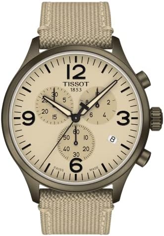Швейцарски Кварцови часовници Тисо Мъжки Chrono XL корпус от неръждаема стомана 316L с PVD покритие цвят каки, Бежово, Плат, 22 (T1166173726701)