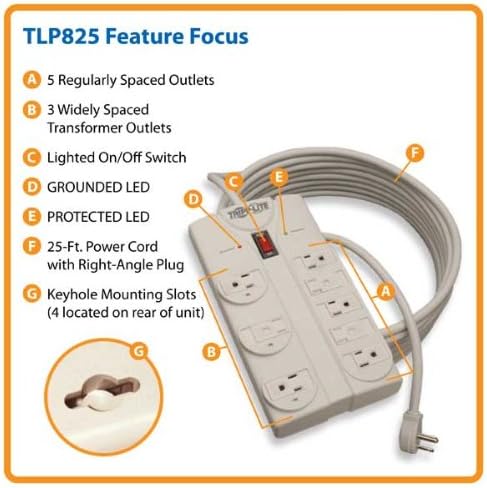 Захранващ кабел за защита от пренапрежение за контакт Трип Lite 8, Удължен кабел с дължина 25 метра, вилица под прав ъгъл, Доживотна Ограничена