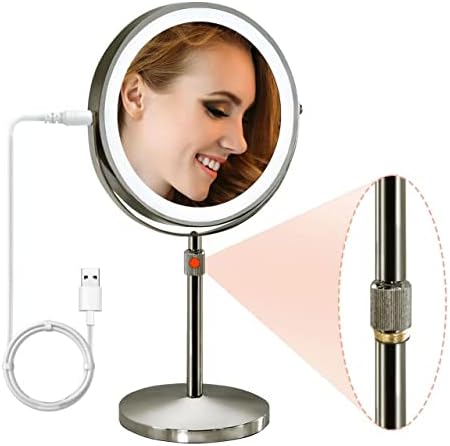 Огледало за грим с подсветка с регулируема височина 1x/10x увеличение, Перезаряжаемое Двустранно Огледало за тоалетка маса с подсветка, 3-Цветна
