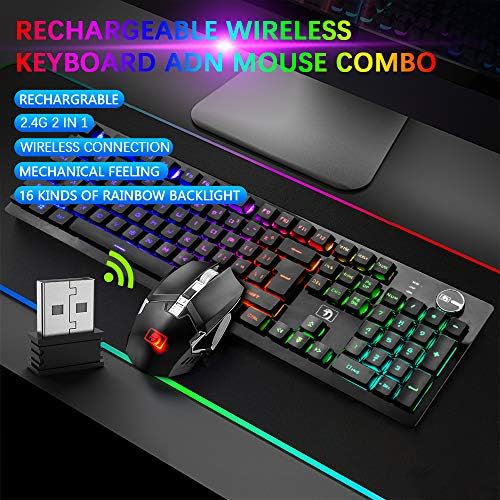 Комплект безжична геймърска клавиатура и мишка FELICON, Акумулаторна батерия 4800 mah с RGB подсветка, Механична клавиатура със защита