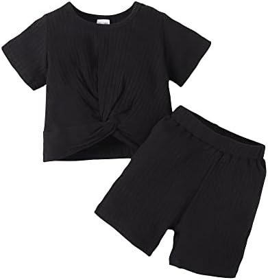 OPAWO/ Летни Дрехи за малките момичета, Тениска с обрат Отпред, Блузи, Байкерские Шорти в рубчик, Комплект дрехи от 2 теми за Малките