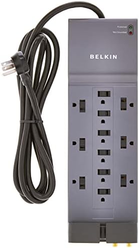 Мрежов филтър Belkin Power Strip - 12 контакти променлив ток с множество изходи и 8-футовым удлинителем с плоска вилица за дома, офиса, Пътувания,