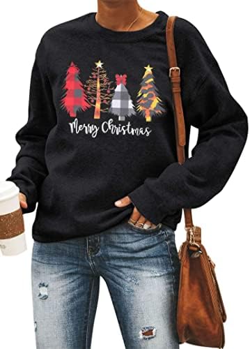 ASTANFY Весела Коледа Hoody за Жени с Ниски Рамо и Дълъг Ръкав, Пуловер под формата на Елхи, Лека Риза