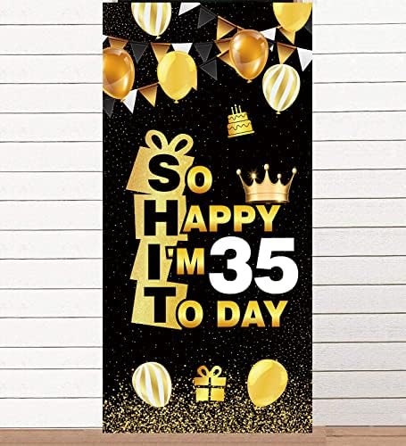 Толкова съм щастлив, че днес ми е 35, Черно Златен Банер, Фон, Crown, Здравейте, Тридесет и Пети, Поздравявам 35-Годишната Тема, Декор за