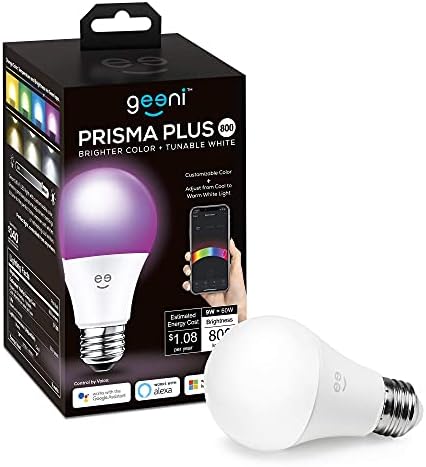 Интелигентен led крушка Geeni Prisma Plus 800 WiFi, по-ярък цвят и адаптивни бяла (2700-6500 До), 1 опаковка, A19 60 Вата мощност,